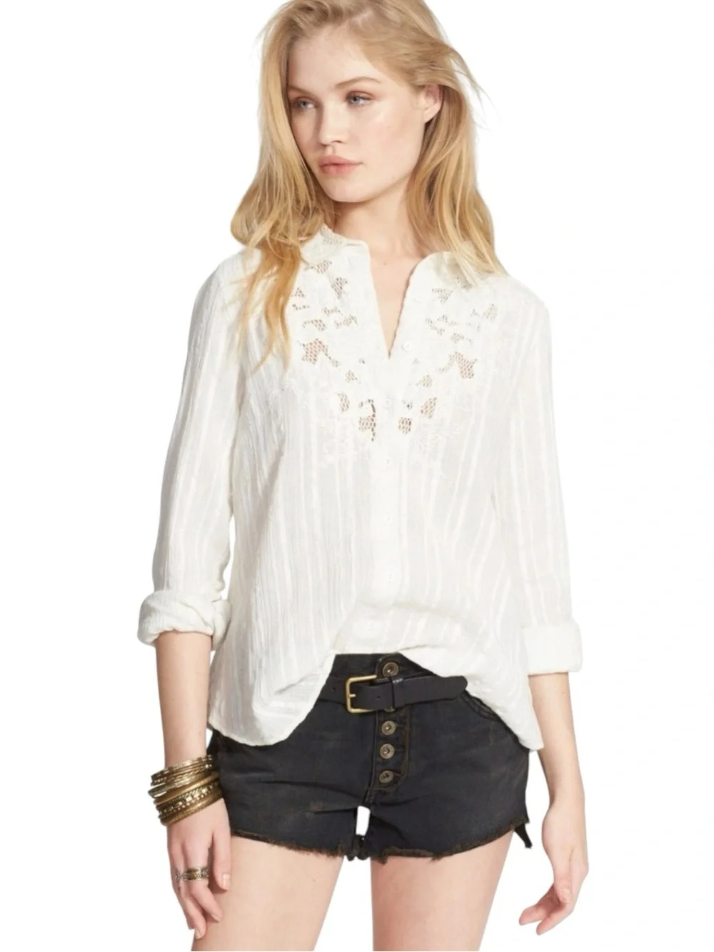 Free People Carter dobbie ivory Button-Front embroidered cotton blouse medium